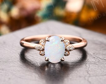 Anniversary Gift// Vintage Natural White Opal Gemstone Engagement Ring Gift For Her// Antique Oval Cut 6x8mm Natural Opal Ladies' Ring Gift