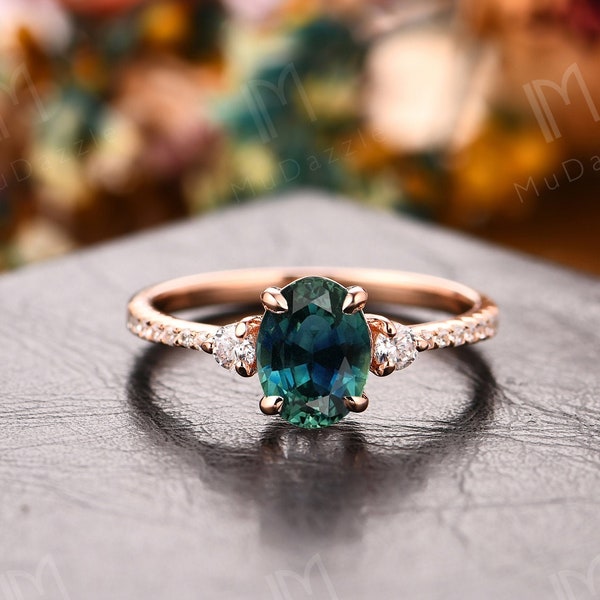 Vintage Sapphire Wedding Ring Handmade Gemstone Ring 6x8mm Oval Cut Teal Sapphire Ring Custom Fine Jewelry Dainty Engagement Ring