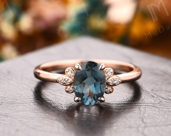 Natural Gemstone Wedding Ring// Oval Cut 6x8mm London Blue Topaz Ring// Solid 14k Rose Gold Ring// Vintage Style Bridal Ring// Handmade Ring