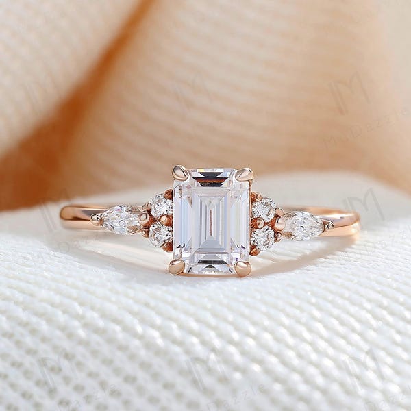 Vintage Emerald Cut Moissanite Engagement Ring, Delicate Prong Set