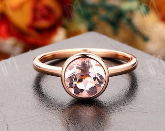 Pink Morganite Ring// 7mm Round Shape Natural Morganite Wedding Bridal Ring Solid Rose Gold// Bezel Set Women's Ring// Anniversary Gift Ring