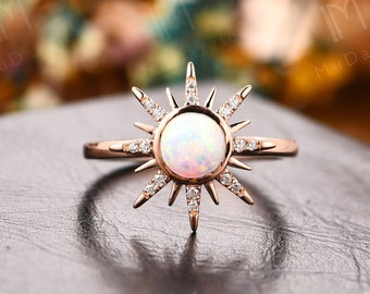 White Gem Ladies Ring// 6mm Round Cabochon Cut Opal Gemstone Engagement Ring// Unique Opal Wedding Ring// Opal Promise Ring 18k Rose Gold