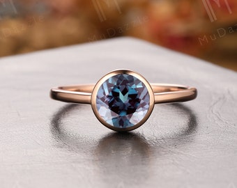 June Birthstone Gemstone Lab Alexandrite Ring, Bezel Set Solitaire, 14k Gold