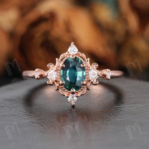 Inspired Leaf Twist Teal Sapphire 1.0CT 5x7mm Oval Cut Wedding Ring Moissanite Cluster Gold Ring For Women Handmade Green Sapphire Jewelry