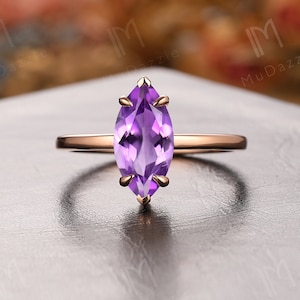 Amethyst Promise Ring// 2.0CT Marquise Cut Natural Amethyst Engagement Ring Rose Gold// Personalized Ring Gift//Purple Gemstone Ring For Her