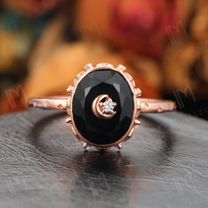 18K Solid Gold 8x10mm  Oval Cut Natural Black Onyx Ring Vintage Style Handmade Engagement Ring For Women Unique Black Gemstone Ring Jewelry