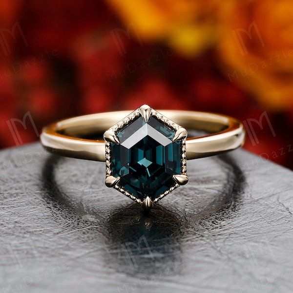 Hexagon Teal Sapphire Bezel Engagement Ring Promise Ring// Women's Day Gift Green Gemstone Family Ring 14K/18K Solid Gold// Anniversary Gift