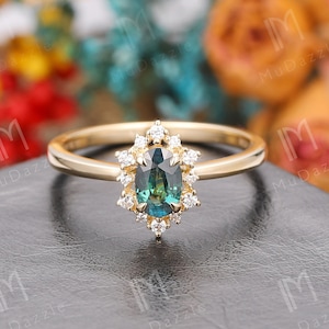 Natural Teal Sapphire Gold Ring// Antique Sapphire Engagement Ring Rose Gold// Christmas Gift/ 4x6mm Teal Sapphire Wedding Ring Ladies' Ring