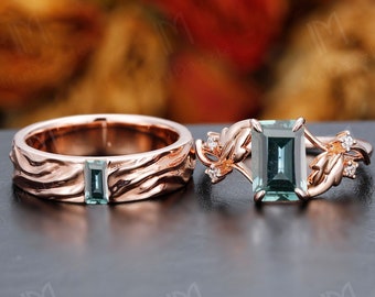 Ensemble de bagues couple saphir bleu sarcelle, taille émeraude, feuille d'or 14 carats bagues homme femme bijoux