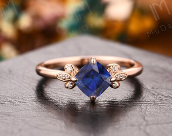 Cushion Cut 6x6mm Sapphire Ring// Art Deco Bridal Gemstone Ring// Gorgeous Sapphire Ring// Retro Women's Ring// Handmade Ring// Unique Ring