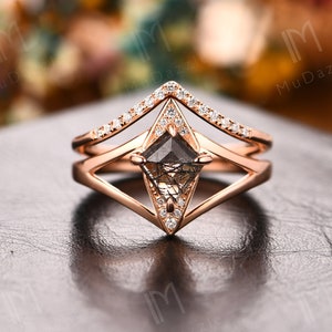 Vintage Quartz Ring Set// Gemstone Wedding Ring Set// 7x8mm Kite Cut Natural Black Rutilated Quartz Bridal Set Rose Gold/Engagement Ring Set