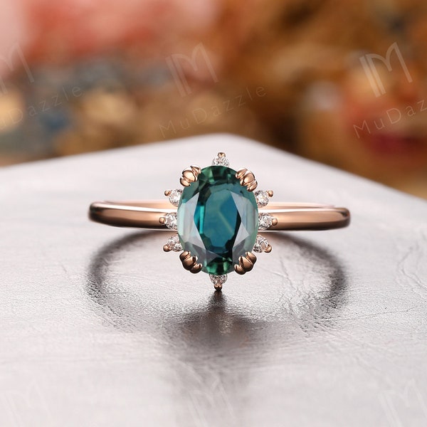 6x8mm Oval Cut Teal Sapphire Ring// Art Deco Wedding Ring// Promise Ring// 10k Rose Gold Ring// Delicate Engagement Ring// Anniversary Gift