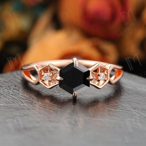 Solid Yellow Gold Three Stone Ring// Hexagon Cut 6mm Natural Black Onyx Engagement Ring Unique Handmade Black Diamond Gemstone Promise Ring