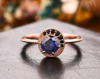 Blue Sapphire Engagement Ring// Solid Rose Gold Ring// Delicate Birthstone Ring// Art Deco 6mm Round Cut Sapphire Ring// Handmade Stack Ring