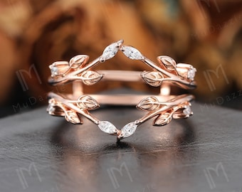Lab Diamond Leaf Ring Enhancer - 14K Rose Gold Branch Wedding Band