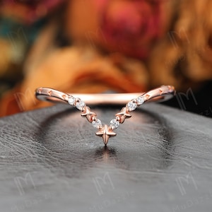 Solid Gold Star Design Moissanite Lab Diamond Stacking Matching Wedding Band Diamond Cluster Wedding Rings For Women Curved Wedding Band