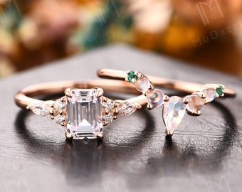 Pointed Prong Moissanite Wedding Promise Proposal Ring Set//1.0CT Emerald Cut Mosisanite Engagement Ring Set Rose Gold// Vintage Bridal Set