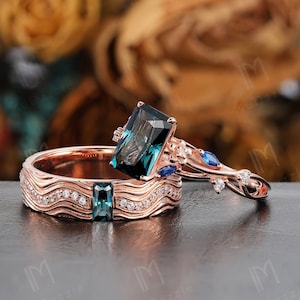 Branch Style 2.5CT RadiantCut Teal Green Sapphire Wedding Band Matching Set for Couple  Nature Couples Ring Set His and Hers Leaf Style Ring