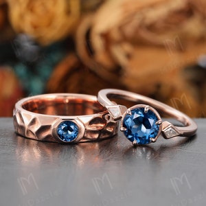 Hammered Couples Ring His and Hers Handmade Round Shaped London Blue Topaz Promise Ring Set Matching Mens Womens Wedding Ring Unique Ring