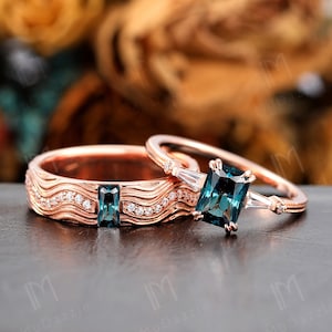 Radiant Cut Teal Green Sapphire Nature Couples Unique Vintage Promise Ring Rose Gold Couples Ring Set His and Hers Wedding Band Matching Set