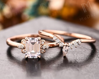 Engagement Ring// Ladies Ring// Dainty Moissanite Bridal Set Rose Gold// Promise Ring Set// 14k Gold Emerald Cut Simulated Diamond Ring Set