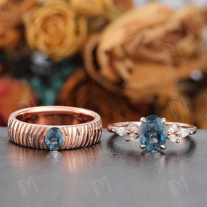 Oval Cut Blue Topaz Couple Matching Ring Minimalist Gift Wedding Ring Set Solid Gold Mens Plain Gold Band Women 2PC Couple Engagement Ring