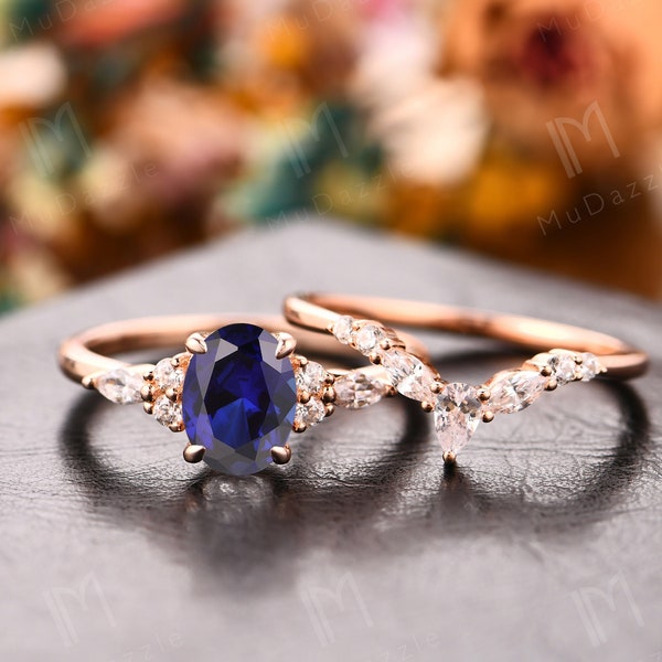 Bague en saphir délicat // Bagues de fiançailles en saphir Sett// Vintage Oval 1.5CT Oval Blue Sapphire Bridal Set// Gemstone Birthstone Ring Set Gold