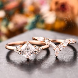 Moissanite Promise Ring Set// Mossy Bridal Set// Accents 6mm Cushion Cut Moissanite Simulated Diamond Engagement Ring Set// Ladies Ring Gold