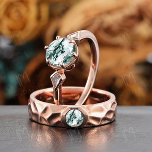 Green Moss Agate Round Cut 7mm Natural Moss Agate Wedding Band Alternative Engagement Ring Matching  2pcs Nature Moss Agate Couple Rings