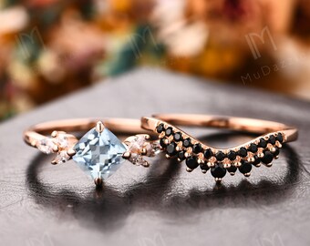 6mm Cushion Cut Aquamarine Engagement Wedding Ring// Art Deco Natural Aquamarine Bridal Set// Promise Proposal Ring Set//Light Blue Gem Ring