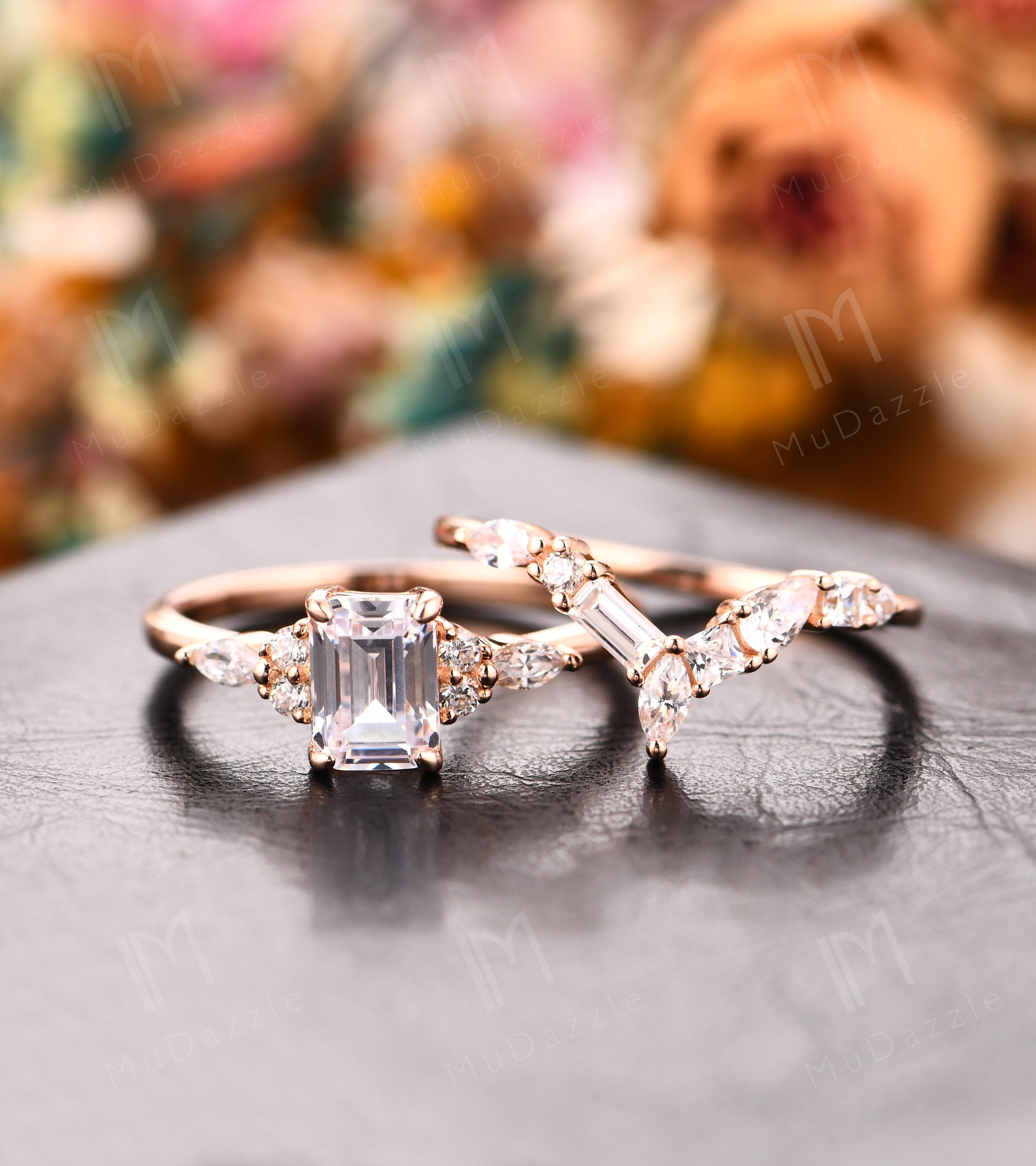 18k Gold Engagement Ring Set Rose Gold// Vintage Bridal Set// 1.0CT Emerald Cut Mosisanite Wedding Promise Proposal Ring Set// Antique Ring