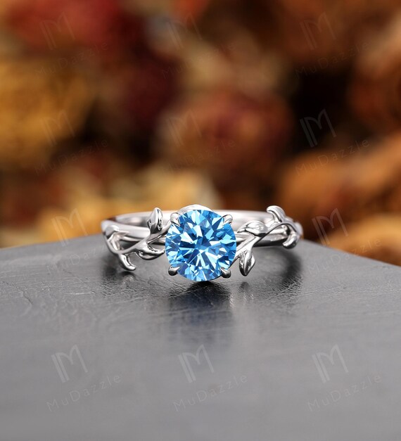 Natural Inspired Fancy Blue Diamond Engagement Ring for Her Solid