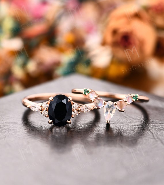 Marquise & Round Cut Black Onyx Diamond Chevron Enhancer Wedding Band  Unique Rose Gold Curved Spinel Moissanite Ring Enhancer