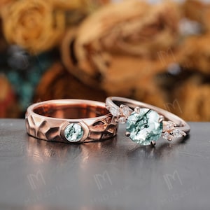 Solid Gold Moss Agate Bezel Ring Couple Ring Custom Promise Ring Anniversary Gift for Couple Art Deco Roubnd Cut Moss Agate Couple Ring Set