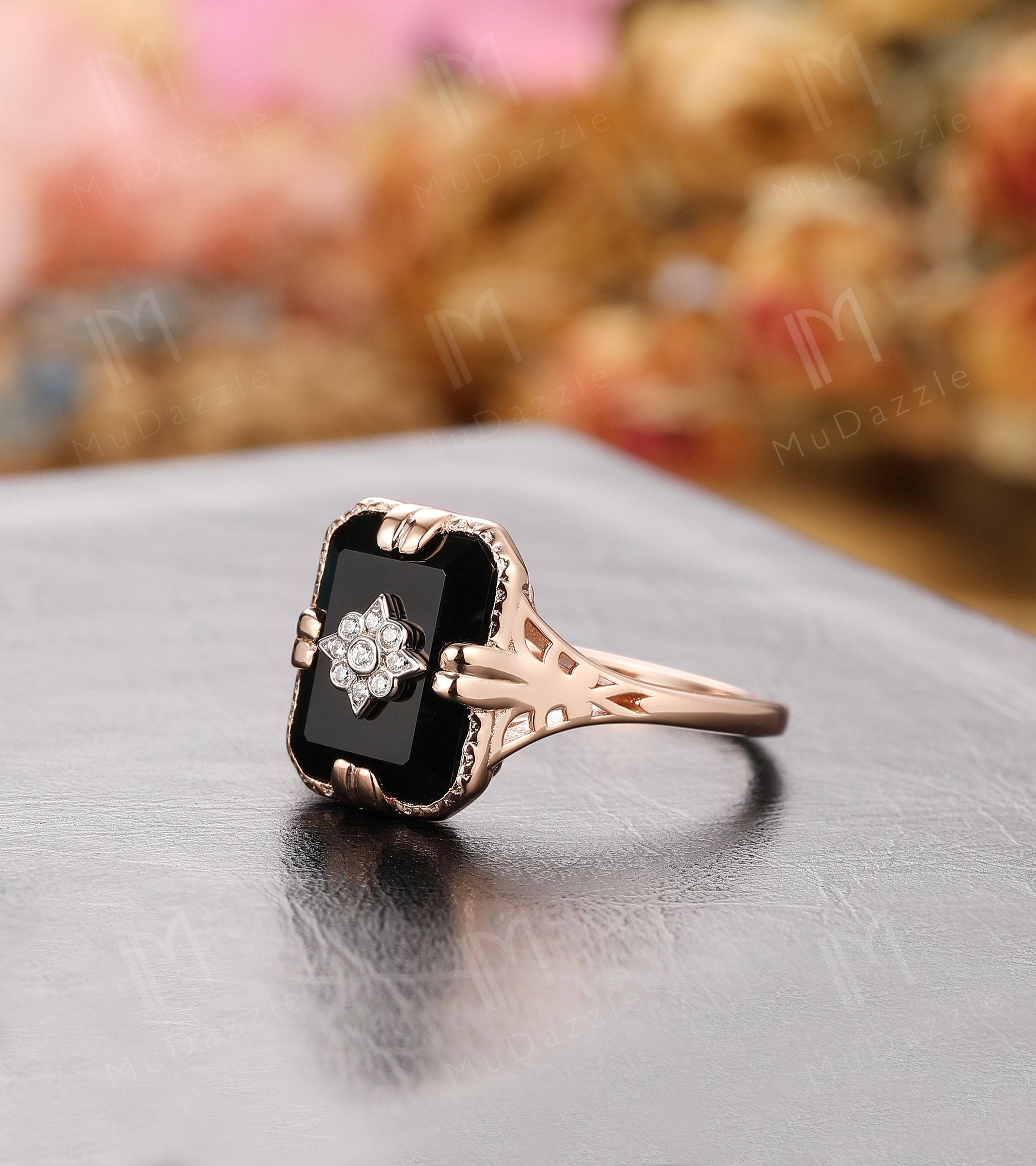 Unique Design Natural Onyx Ring Antique Black Agate Engagement
