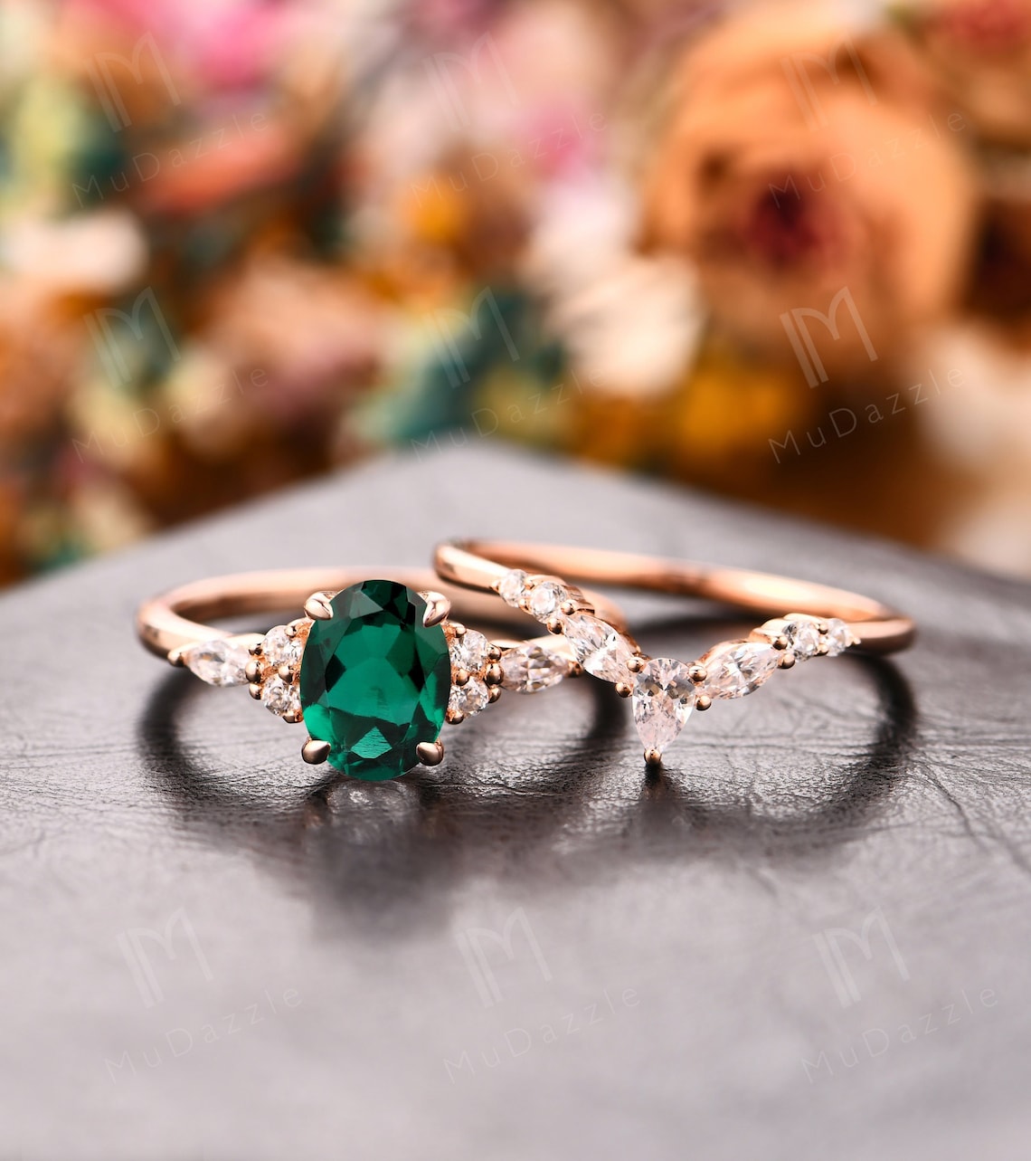 Vintage Oval 1.5CT Emerald Ring Set// Rose Gold Emerald image 1