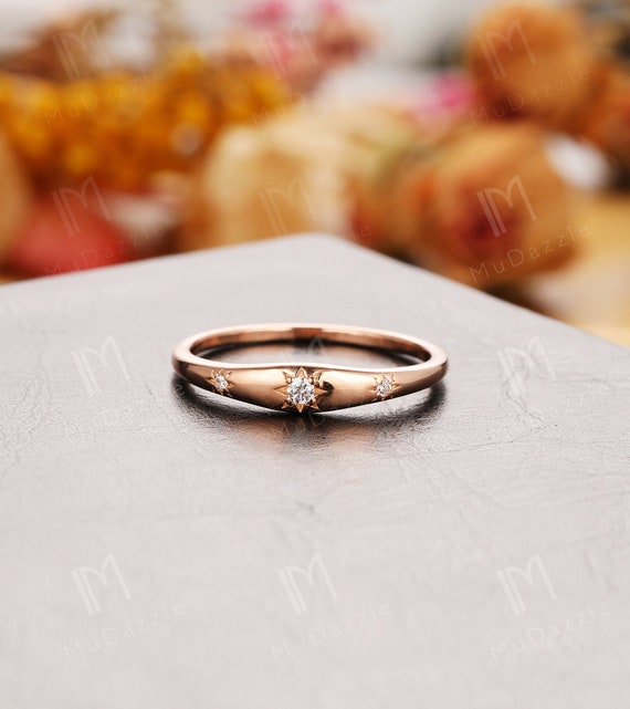 Vintage Solid Rose Gold Simulated Diamond Daily Ring// Matching