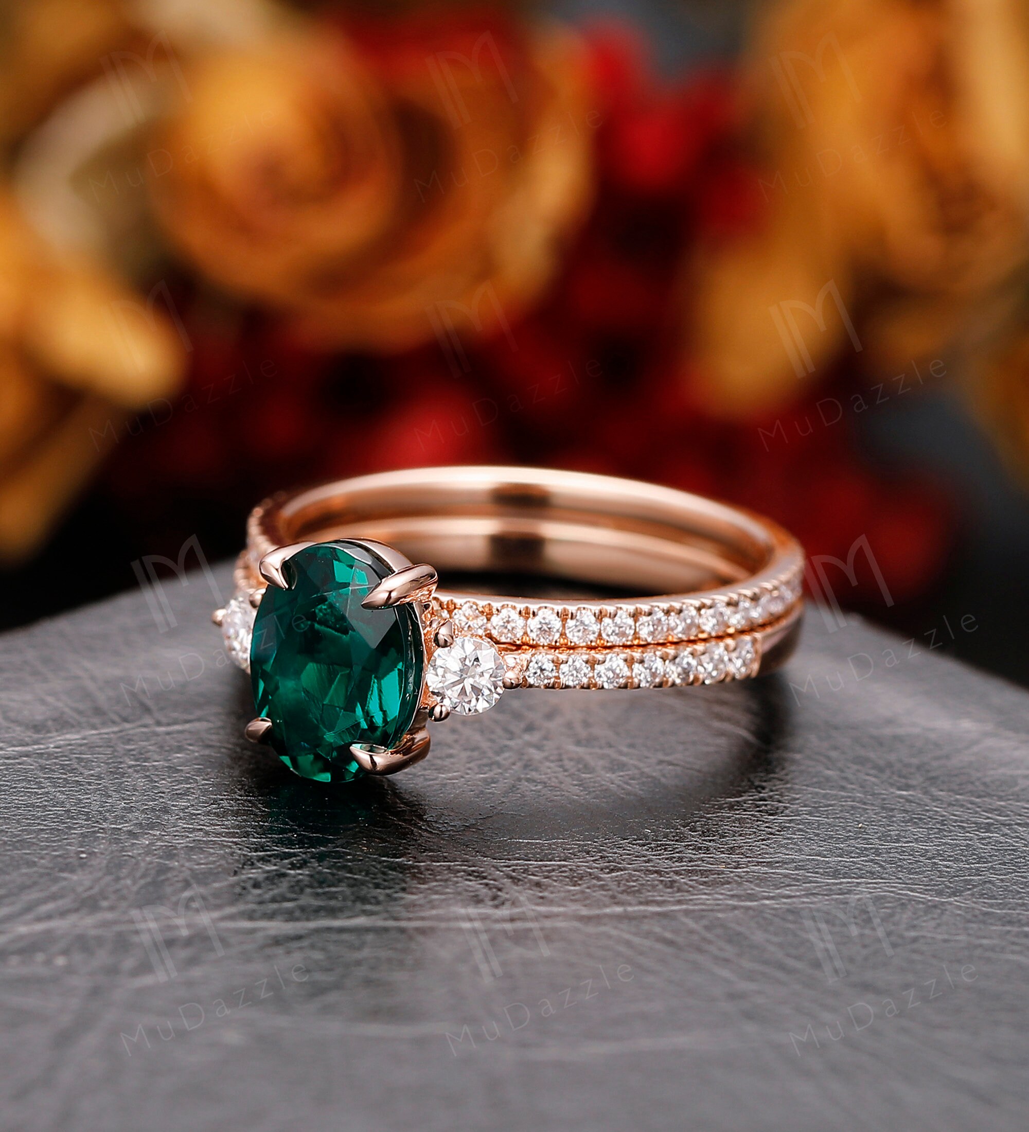 Emerald Bridal Ring Set, Vintage Oval Cut, Gold Pave Band - Etsy Australia