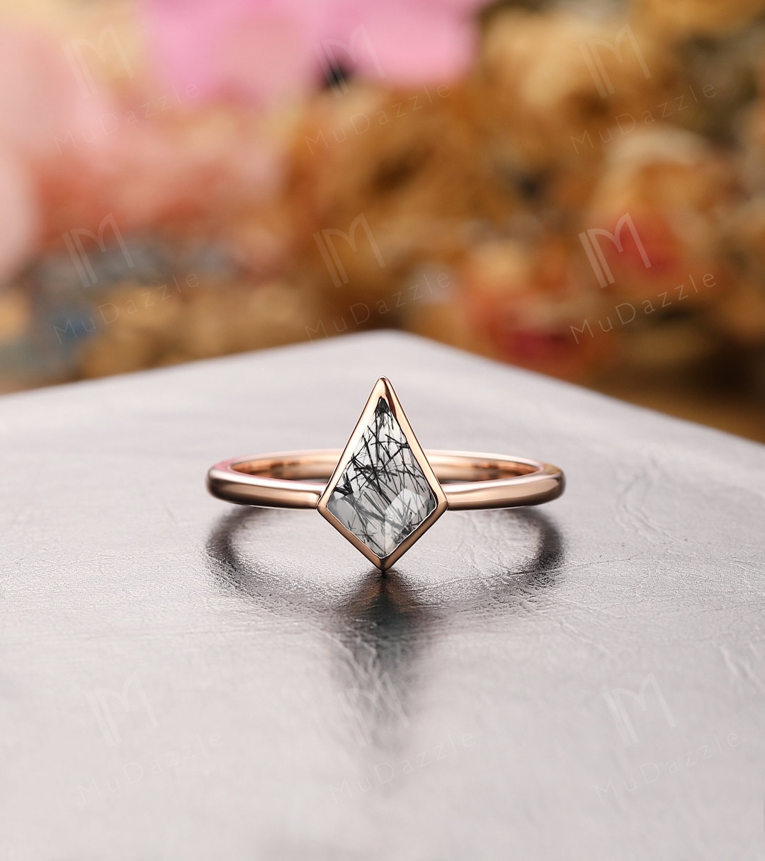 Bezel Set Kite Cut Black Rutilated Quartz Wedding Ring
