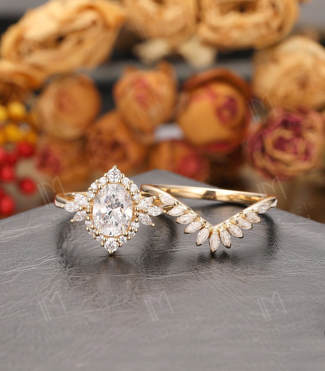 IGI Certified Oval Lab Diamond Halo Engagement Ring Set, Marquise ...