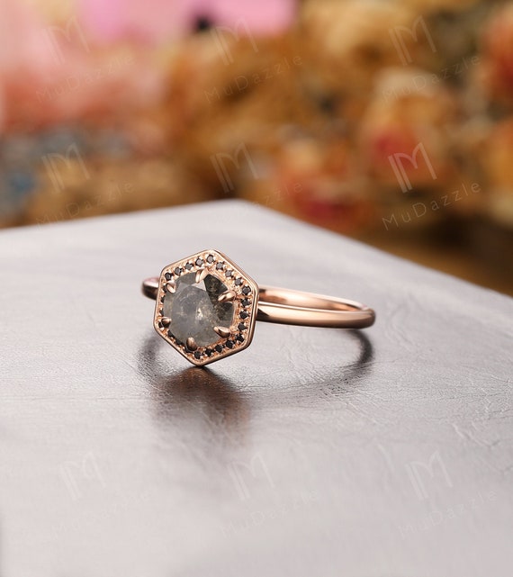 Antique Salt and Pepper Moissanite Diamond Engagement Ring 6.5mm Round Cut Black Moissanite Proposal Ring Accents Black Spinel Wedding Ring Etsy