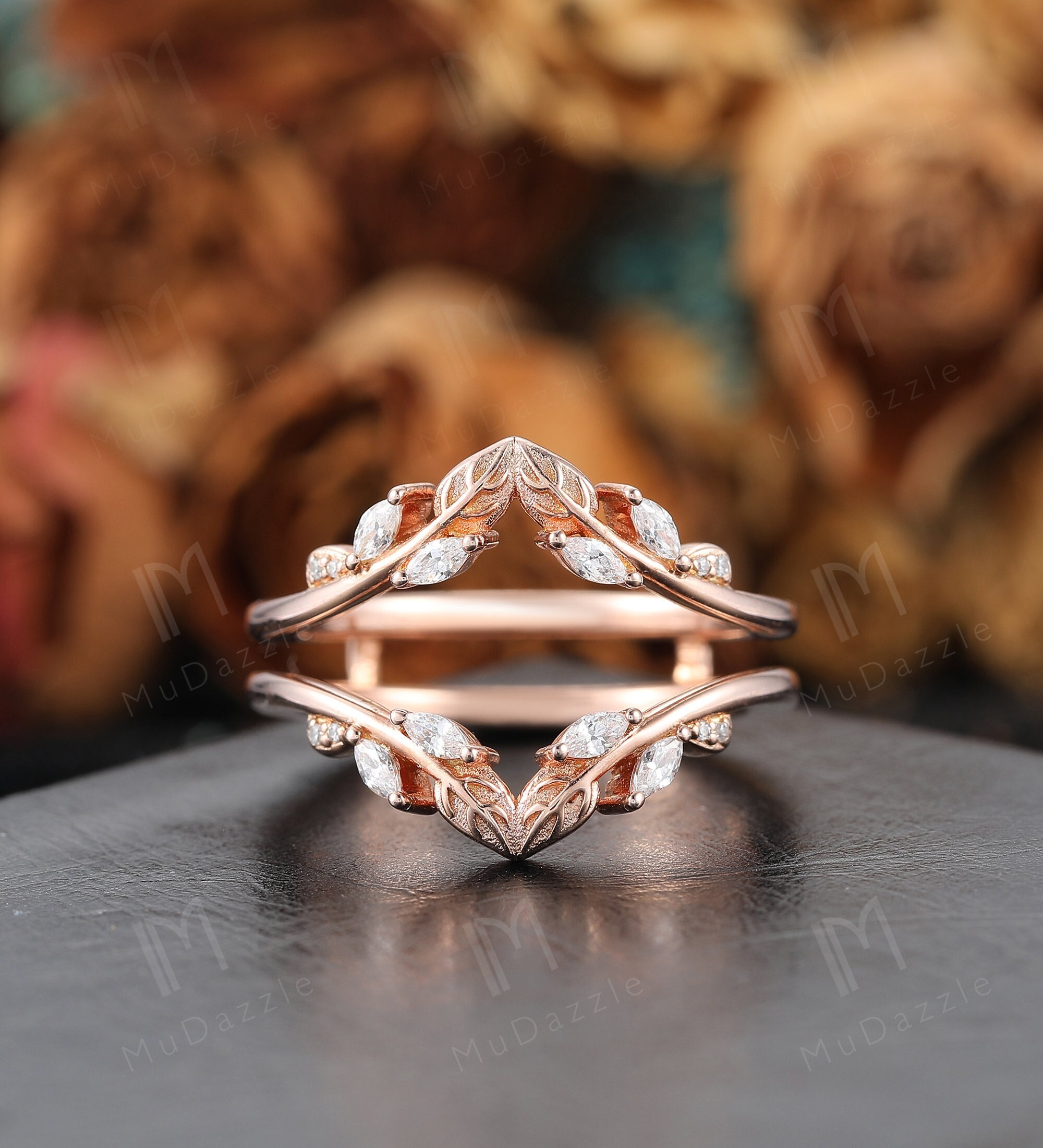 Unique Moissanite Wedding Ring Guard for Women// Handmade Leaf Branch Match Wedding Ring Solid Rose Gold Ring Enhancer Leaf Moissanite Ring