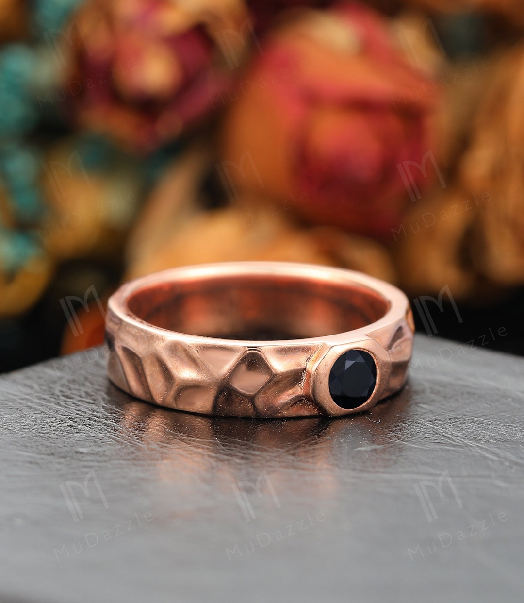 Mens Hammered Stacking Matching Band Retro Mens Black Onyx Wedding Band ...