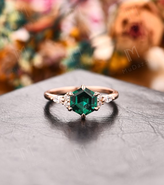 Personalized Ring 7mm Hexagon Cut Emerald Anniversary Wedding