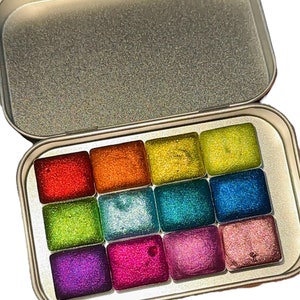 12 Color Rainbow Chrome Handmade Watercolor Set | **HALF PAN SIZED** | Gifts for artists | Watercolor Palette