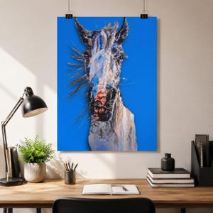 Blue Background Horse Rolled Poster: Modern Equine Art Print, Colorful Farm Animal Decor