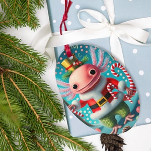 Festive Christmas Axolotl wooden oval ornament, Christmas tree ornament, Axolotl Christmas gift