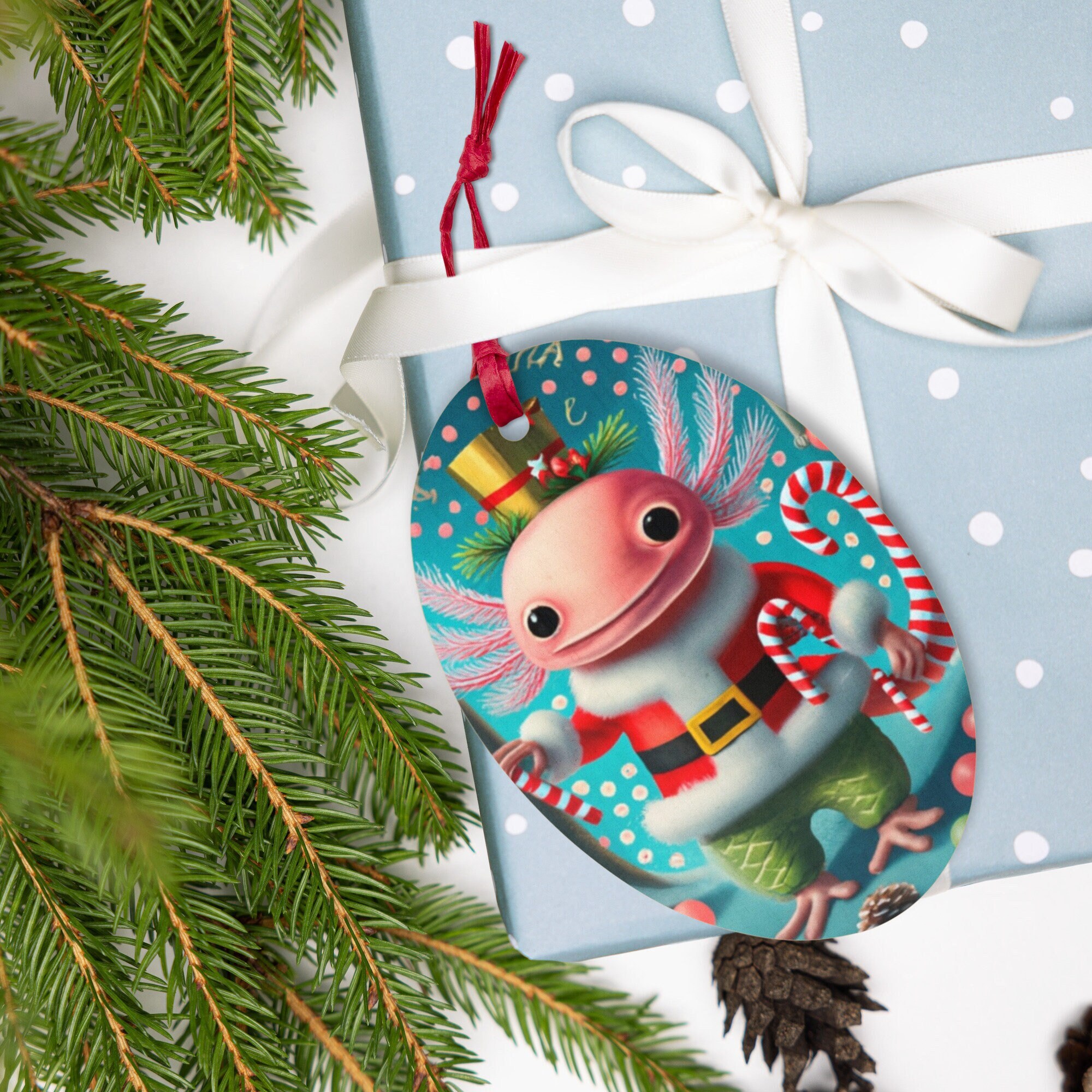Festive Christmas Axolotl wooden oval ornament, Christmas tree ornament, Axolotl Christmas gift