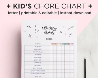 Chore Chart For Kids, Afdrukbare Chore Grafiek, Gedrag Grafiek, Cute Kids Chore Chart, Bewerkbare PDF, Kids Klusjes, Chore Chart Printable