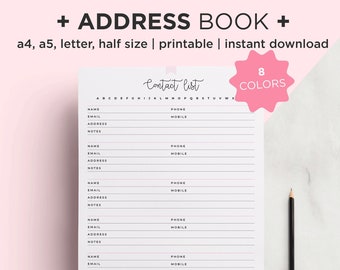 Address Book Printable, Half Letter A4 A5 Planner Inserts